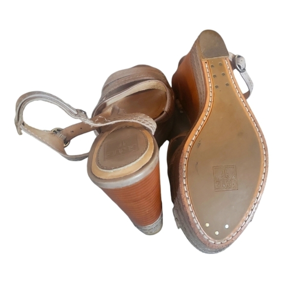 Frye Corrina Stitch Taupe/Gray Leather Platform Wedge Heel Strappy Sandals Sz 7 - Picture 7 of 10